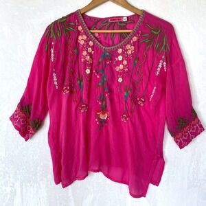 Johnny Was Embroidered Hot Pink Floral Botanical Vines Tunic Oversized XS